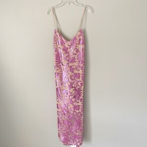 Bebe Size XL Sparkle Mesh Midi Dress Cross Back Sleeveless Pink Tan NEW NWT
